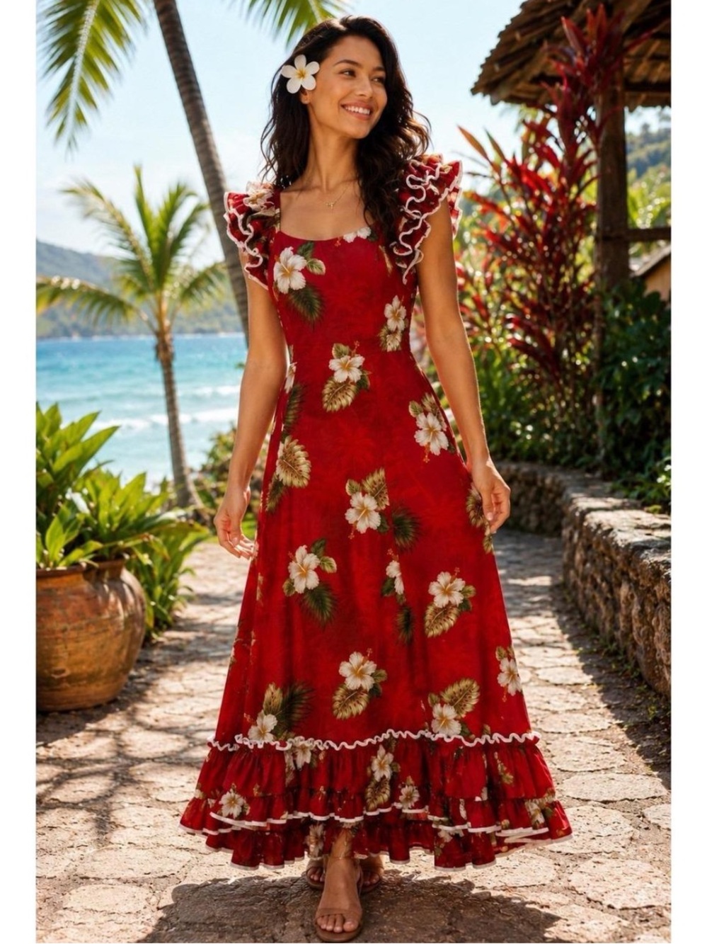 Pacific Legend Made in Hawaii Red Floral Maxi Hibiscus Hula cotton Dress 2XL